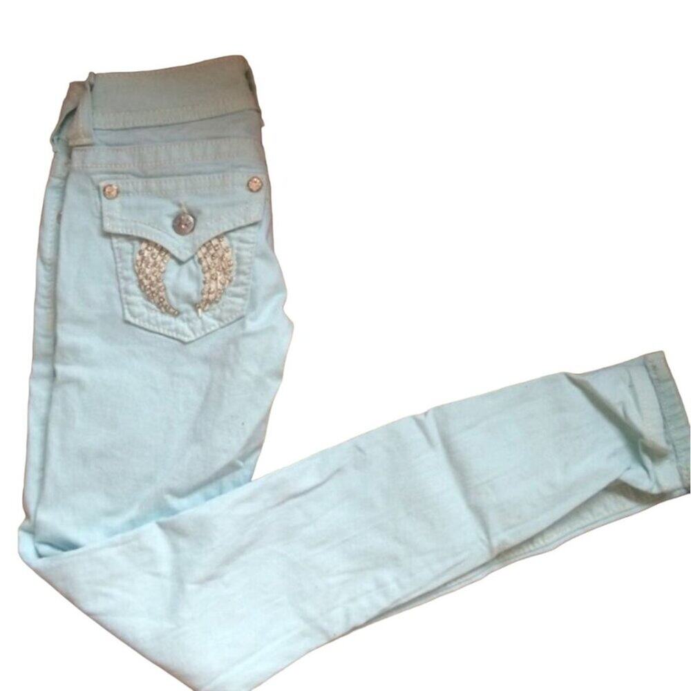 Miss Me Ice Blue Leather Fallen Angel Skinny Jeans Women's Size 28 Excellent ver
